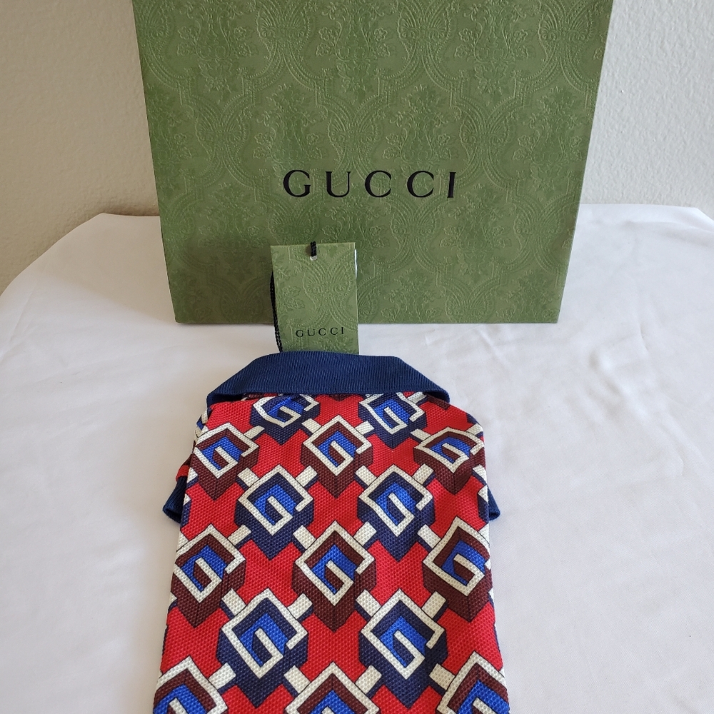 Gucci Red Blue Isometric G Pattern Cotton Polo Cat Dog Pet Shirt Size XXS